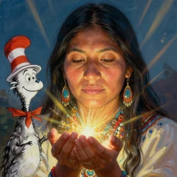 a beautiful closeup portrait of an indigenous female shaman receiving particles of healing light energy, god rays, matte painting, designed by dr seuss and michal karcz, by christophe vacher