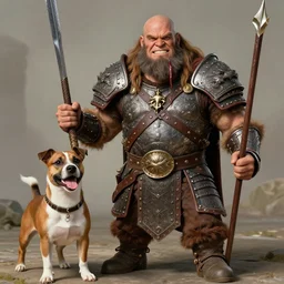 grinning hybrid [ staffordshire terrier and man ] barbarian, fantasy warrior, drooling, rule of thirds, ultra detailed, 4 k, style of norman rockwell, style of richard corben.