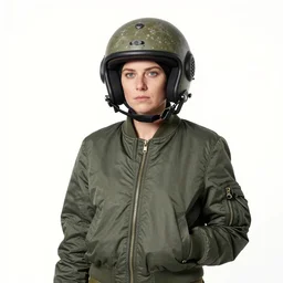 woman in a russian tank drivers helmet and bomber jacket by kathrin longhurst