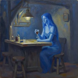 blue will - o'- the - wisp in an d & d tavern, oil painting