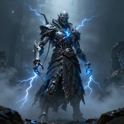 character design, biomechanical arcanist, tattered robe, blue lightning, fog, scary, arrogant, hostile, photorealistic, cinematic, hyper realistic, octane render, 8 k, wide angle