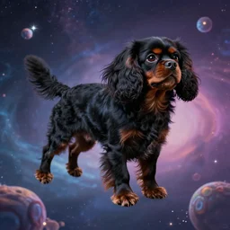 black king charles cavalier floating through psychedelic space