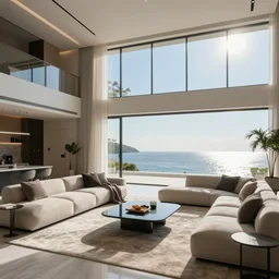 modern futuristic interior home design, living room with window facing the sea and sun, hyper-realistic, ultra-detailed, high resolution, bright and clear, HDR shot, cinematic lighting