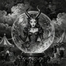 By Tom Bagshaw, ultra realist soft painting of a curiosities carnival by night, very beautiful demon horn female dollpunk in full gothic dress facing a transparent glass sphere, symmetry accurate features, very intricate details, omnious sky, black and white, volumetric light clouds