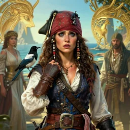 freckled mediterranean pirate girl with pet magpie, seaside backgroud, face of anxiety and longing, intricate, elegant, well composed, highly detailed, assassin's creed iv, prince of persia sands of time, art by chengwei pan and viktoria gavrilenko and artgerm and greg rutkowski and alphonse mucha, trending on artstation