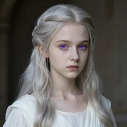 a young woman in her early teens, classical valyrian look, violet eyes, pale skin, and long, pale silver - gold hair, slender of frame, in white dress
