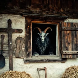 1 9 2 0 s spirit photography of an krampus ghost watching through a window in an old farmers hut in the dolomites, by william hope, farmer tools, wooden cross, haystack, dark, eerie, grainy