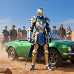 blue and gold knight in desert standing next to green car, misty blue hour, sci fi digital painting, unreal engine 5, photorealism, hd quality, 8 k resolution, cinema 4 d, 3 d, cinematic, professional photography, art by artgerm and greg rutkowski and alphonse mucha and loish and wlop, berserk, manga