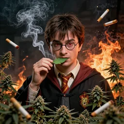 harry potter smoking weed, surrounded by weed plants, joints falling from sky, smoke everywhere, fire smoke dense red eyes, eating weed leaf, weed flying everywhere