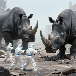 soldiers in isolation suits, fighting giant mutant black rhinos, on a destroyed street with rubble in destroyed buildings buenos aires by greg rutkowski and lee bermejo, dramatic yellow and red color scheme, deadly poisonous snow, dramatic perspective, 3 light sources, caravaggio clouds, dramatic action scene
