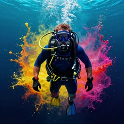 extreme scuba diving splash art graphic design color splash high contrasting art, fantasy, highly detailed, rule of thirds art by greg rutkowski