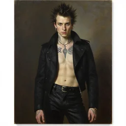 portrait of a handsome man posing in a black outfit, punk, shirtless tattoos, piercings, a flemish baroque by alexander mcqueen, art by john collier by greg rutkowski and craig mullins, oil on canvas