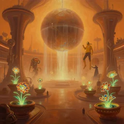 a minimalist bioluminescent oil painting by donato giancola and chriss foss, warm coloured, cinematic scifi luxurious futuristic foggy steam filled spaceport with a giant orb in waterfalls with microscopy stained glass flowers growing out of pretty bulbous ceramic fountains, gigantic pillars and flowers, maschinen krieger, beeple, star trek, star wars, ilm, star citizen, mass effect, artstation, atmospheric perspective