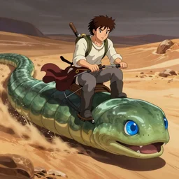 Frank Herbert as Paul Atreides riding a giant sandworm, eyes blue with spice, ambient lighting, 4k, anime key visual, lois van baarle, ilya kuvshinov, rossdraws, artstation