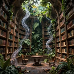 a ( ( decaying old library ) ) with a rainforest growing inside, magical wisps, highly detailed, intricate detail, realistic shaded lighting, dramatic scenery, beautiful 3 d rendering, octane render, hyperrealistic, trending on artstation, by greg rutkowski and simon stalenhag
