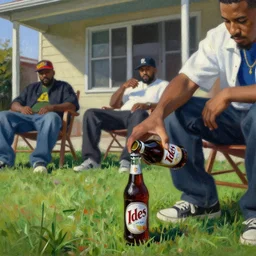 a close up painting of los angeles crip gang members. one of them is pouring st. ides malt liquor on the ground. they are sitting in learn chairs on the front porch of a home in compton california, closeup, low angle, green grass, westside, midday, in the style of vermeer