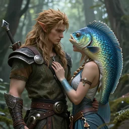 a male human druid and a fishman are in love, highly detailed, fantasy portrait, photorealistic
