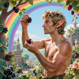 shirtless frank dillane as an elf picking blackberries, beautiful, grand, wistful, hyperrealistic photograph by kim jung gi, rainbow colored, extremely detailed, intricate linework, sharp focus, bright colors, octopath traveler, unreal engine 5 highly rendered, global illumination, radiant light, detailed and intricate environment