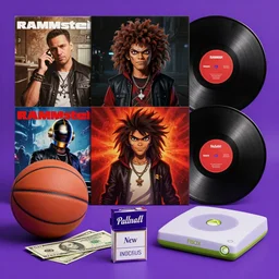 images of all the rammstein, gorillaz and daft punk records, from then on a basketball, pot, a thousand peso bill, a pallmall new iceberg cigarette box, an the first xbox, purple colors, setting, ghibli, unreal 5, daz, hyperrealistic, octane render, rpg portrait, dynamic lighting
