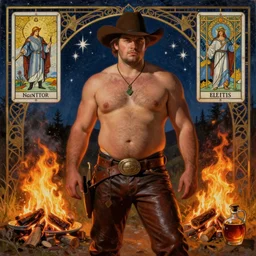 a dramatic, epic, ethereal painting of a handsome thicc shirtless cowboy with a beer belly wearing a large belt and leather pants | background is a late night campfire with food and jugs of whisky | homoerotic | fire, flames, stars, tarot card, art deco, art nouveau, mosaic, intricate | by Mark Maggiori | trending on artstation
