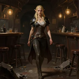 full body character portrait of a female elf with a realistically proportioned face from dragon age walking through a destroyed dive bar, dragon age concept art, dragon age, illustration, digital painting, realistic lighting, photorealistic eyes, good value control, enhance face, realistic shading, john singer sargent, in the style of dragon age