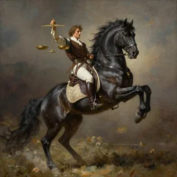 the singular horseman of the apocalypse is riding a strong fierce ferocious black stallion, horse is up on its hind legs, the strong male rider is carrying the scales of justice, beautiful artwork by artgerm and rutkowski, breathtaking, beautifully lit, dramatic