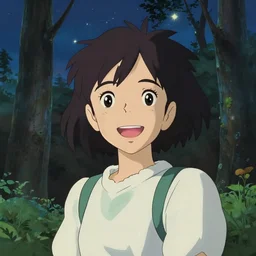 a detailed portrait of a young girl resembling lily james laughing in the forest together in the forest at night with a sky full of stars, trending on pixiv fanbox, painted by makoto shinkai takashi takeuchi studio ghibli, akihiko yoshida, yoshitaka amano, wangechi mutu, clean cel shaded vector art, illustration, hd, 8 k