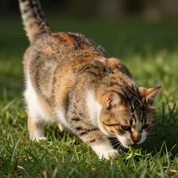 big fat cat eating grass