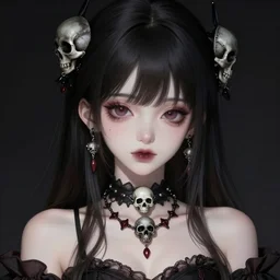 Character concept art of a female anime necromancer || goth, skull jewelry, cute-fine-face, pretty face, realistic shaded Perfect face, fine details by Stanley Artgerm Lau, WLOP, Rossdraws, James Jean, Andrei Riabovitchev, Marc Simonetti, and Sakimichan, tranding on artstation