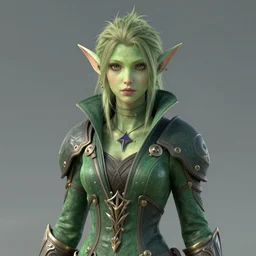 medium portrait of a dryad, green skin, high collar, fashionable jacket, ffxiv, final fantasy 1 4 screenshot, octane render, 8 k, fantasy, rule of thirds, sharp focus, greg rutkowski
