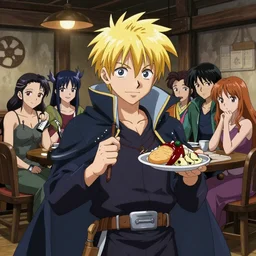 young blonde boy fantasy thief in a tavern surrounded by a diverse group of friends, full metal alchemist, anime style