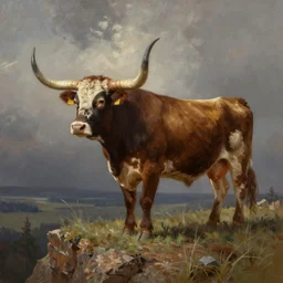 an impressionistic painting of a longhorn steer on a high bluff, key visual, concept art, extremely moody lighting, highly detailed, digital painting, artstation, unreal engine, in the style of charles marion russell and albert bierstadt and frederic remington