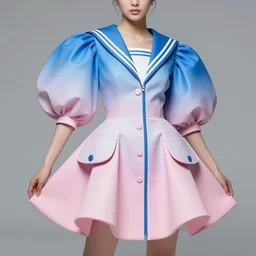 ball shaped accordion sleeve haute couture, sailor uniform, coat, synthetic curves striking pose, dynamic folds, cute pockets, volume flutter, youthful, modeled by modern designer bust, body fit, award fashion, picton blue, petal pink gradient scheme, holographic tones, expert composition, professional retouch, editorial photography