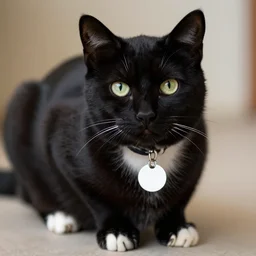 a black cat with white paws and a collar with a white microchip dangling off it, realistic
