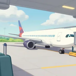 a cartoon scene of an airport and cloudy skies