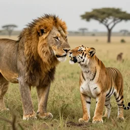 a beautiful painting of one lion and one tigre loving each other, savana, digital art, beautiful nature, national geagraphic