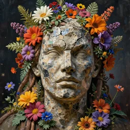 the broken face of the and with anger of psychosis, made of stone, wood, herbs and multicolored flowers
