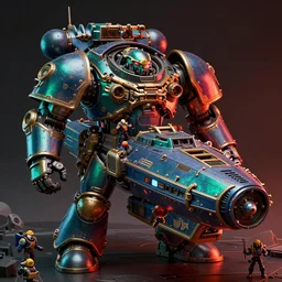 a matte painting of a huge cargo starship, Space Hulk, WarHammer 40k by Jose Daniel Cabrera Pena and Leonid Kozienko, concept art by Tooth Wu and wlop and beeple and dan mumford and greg rutkowski and nekroxiii. octane render, cinematic, hyper realism, octane render, 8k, iridescent accents. vibrant, teal and gold blue red dark noir colour scheme, red and orange glow