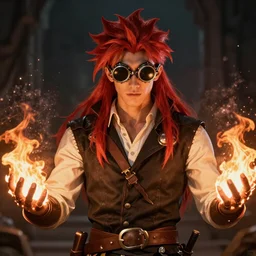 An epic fantasy comic book style portrait painting of young man with red spiked long hair, using an steampunk googles. Wearing a black waistcoat, white shirt. Fire on his hands. Unreal 5, DAZ, hyperrealistic, octane render, cosplay, RPG portrait, dynamic lighting