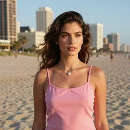 Portrait of beautiful young Brazilian female model wearing camisole, in 1960s fashion pink style, golden hour in Manhattan beach, Zeiss 150mm f2.8 Hasselblad, award-winning photo