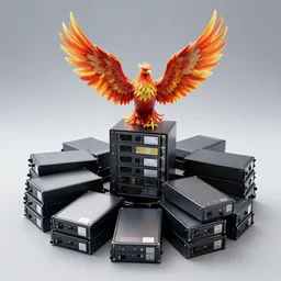 a phoenix sitting on a pile of hard disks protecting a database, 8 k, 3 5 mm