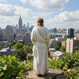 a god looking at an overgrown city, photorealistic, colorful, wide angle