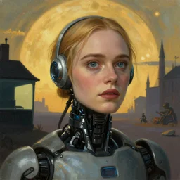 Elle Fanning in the painted world of iRobot, head and shoulders masterpiece, apocalypse, golden hour, cosmic horror, artstation, in the style of Andrew Wyeth and Edward Hopper and Bosch, extremely detailed