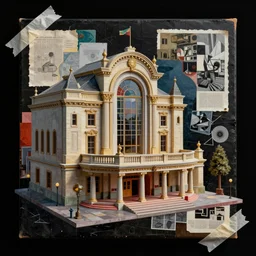 rendered in blender beautiful theater building, dadaism, black background, collage paper and tape, acrylic on canvas, high resolution, cinematic, unreal 6, breathtaking detailed, by escher