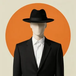 faceless man wearing a white shirt, black suit and a black hat. behind him there is a perfect orange circle by Rene Magritte. detailed.