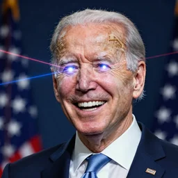 Joe Biden laughin with lasers coming out of his eyes, cover art by Stephen Bliss, Boxart