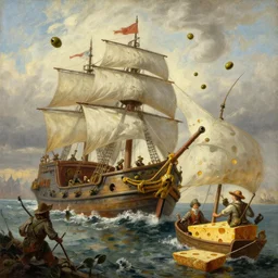 olive cannonballs flying from a cheese pirate ship to a bread merchant ship. battlefield painting.
