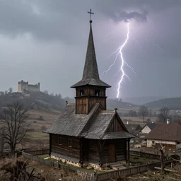 artwork of small village church in rural Transylvania, wooden rundown church, arid land with barren vegetation, stone castle in far background, fog, volumetric lightning, digital artwork, realistic, atmospheric, 8k, gloomy,