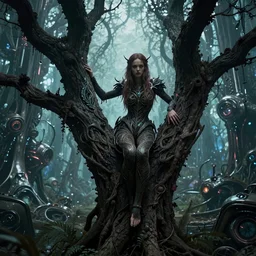 intricate Kierra Knightley, growing off a tree, on the background of a weird magical mechanical forest. Very detailed 8k. Fantasy cyberpunk horror. Sharp. Cinematic post-processing