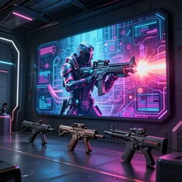 Cyberpunk Armory, full of weapons. Large Room. Energy Pulse Rifles. Neon Light Panels. Beautiful Digital Art. Cinematic Quality Render. 4K HD Wallpaper, Premium Prints Available.